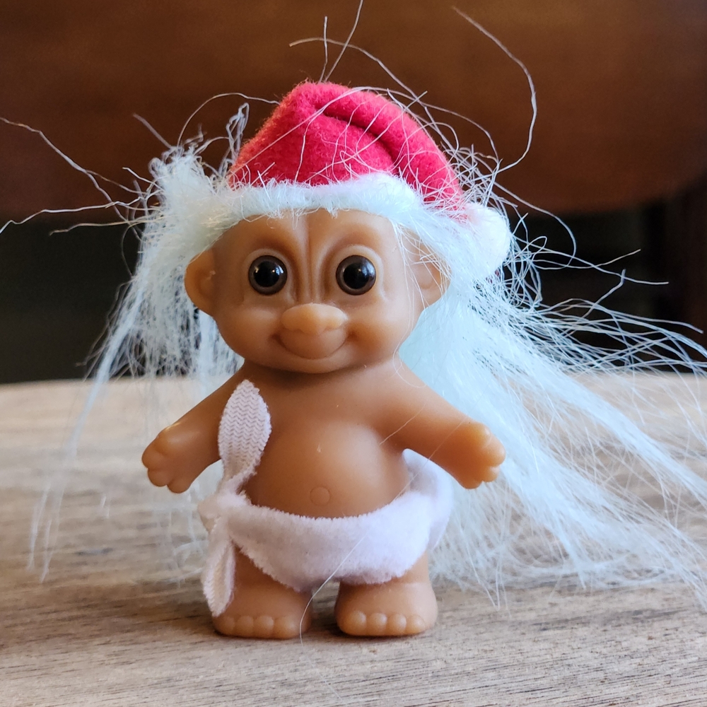Vintage 1980s Russ Santa Baby 2" Troll Doll with Xmas Hat And Mint Blue Hair